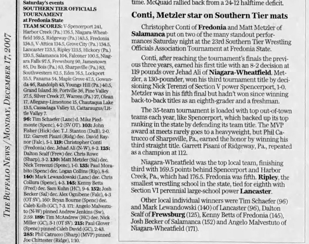 Conti, Metzler star on Southern Tier mats