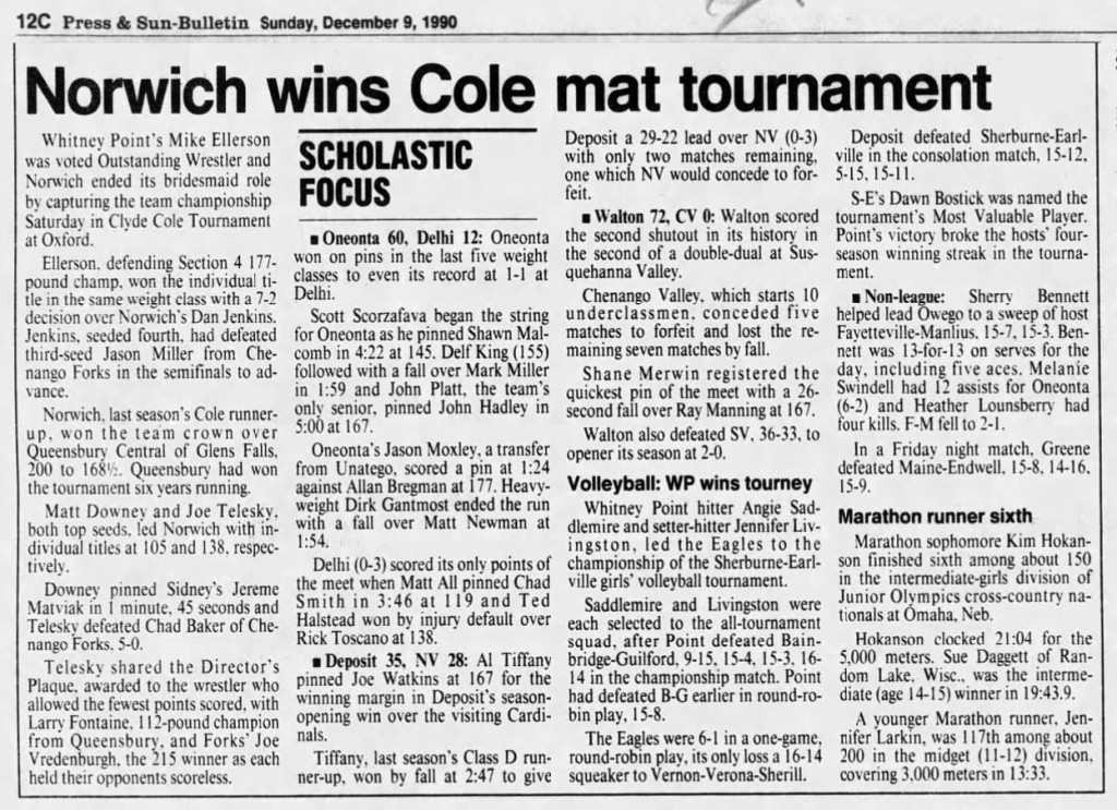 Norwich wins Cole mat tournament