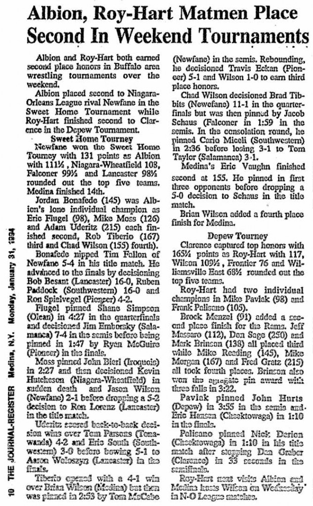 Albion, Roy-Hart Matmen Place Second In Weekend Tournaments