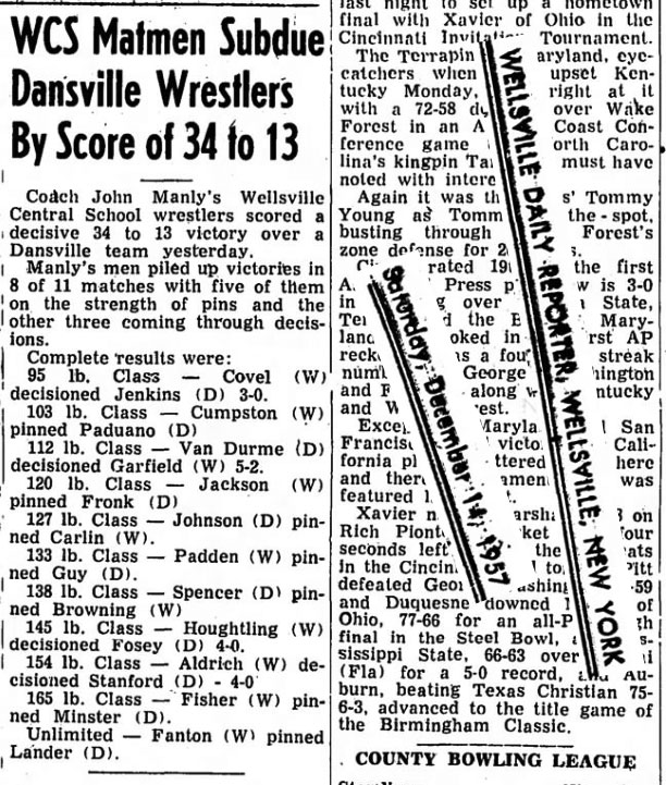Wellsville Matmen Subdue Dansville Wrestlers by Score of 34 to 13