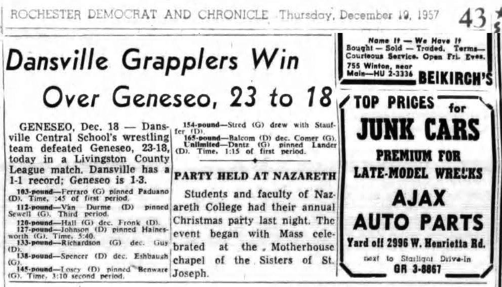 Dansville Grapplers Win Over Geneseo, 23 to 18