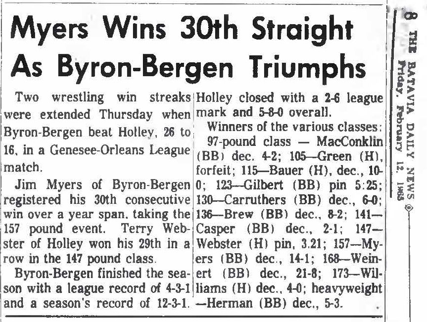 Myers Wins 30th Straight as Byron-Bergen Triumphs