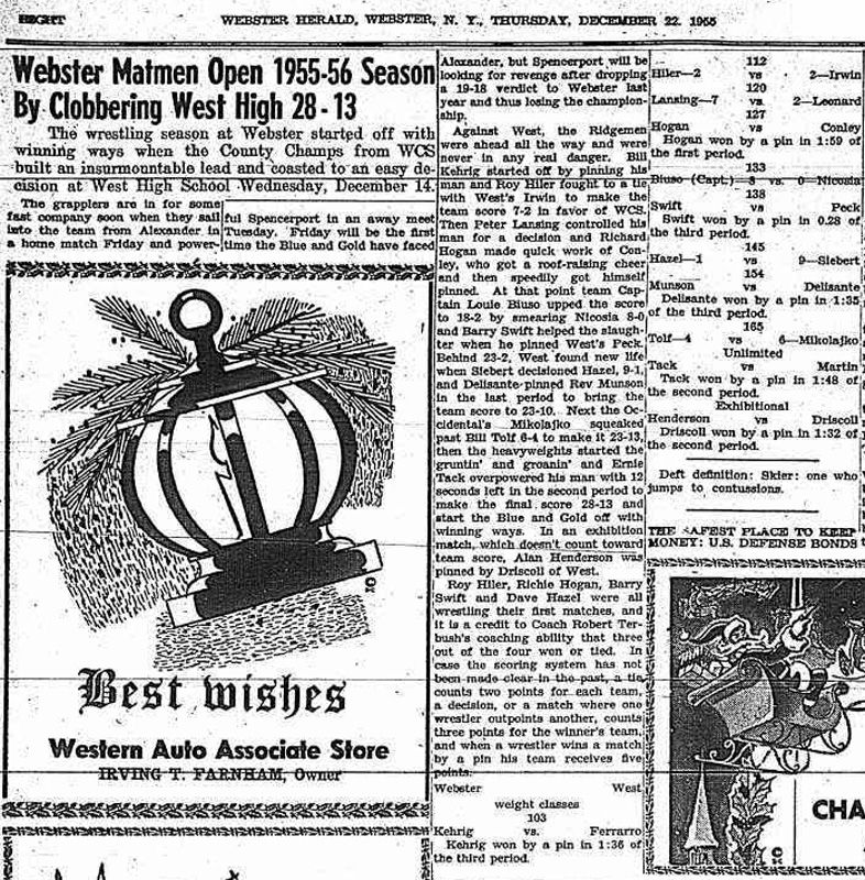 Webster Matmen Open 1955-56 Season by Clobbering West High 28-13