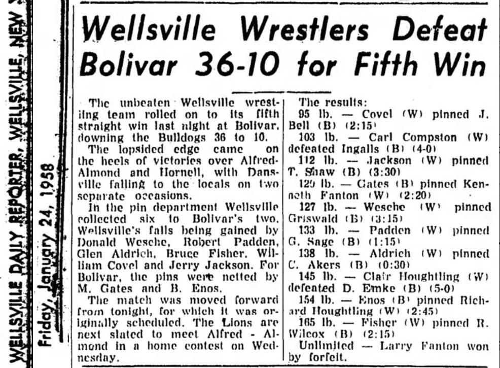 Wellsville Wrestlers Defeat Bolivar 36-10 for Fifth Win