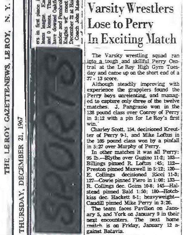 Le Roy Varsity Wrestlers Lose to Perry in Exciting Match