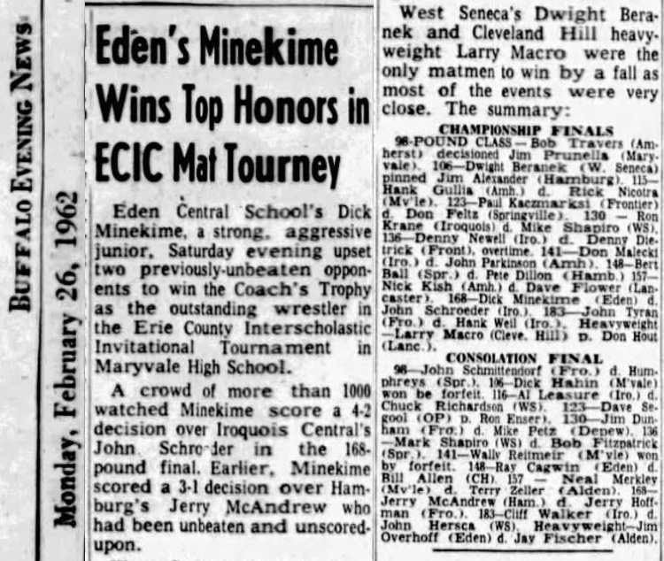 Eden's Minekime Wins Top Honors in ECIC Mat Tourney