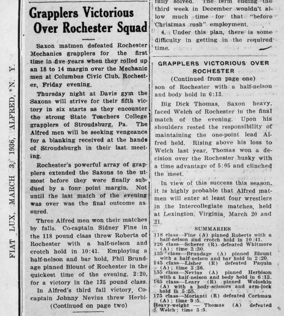 Alfred Grapplers Victorious Over Rochester Squad