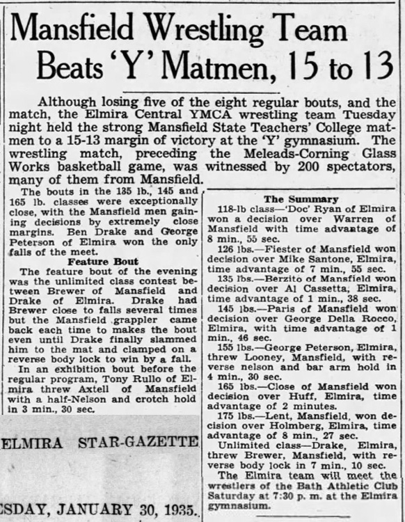 Mansfield Wrestling Team Beats Y Matmen, 15 to 13