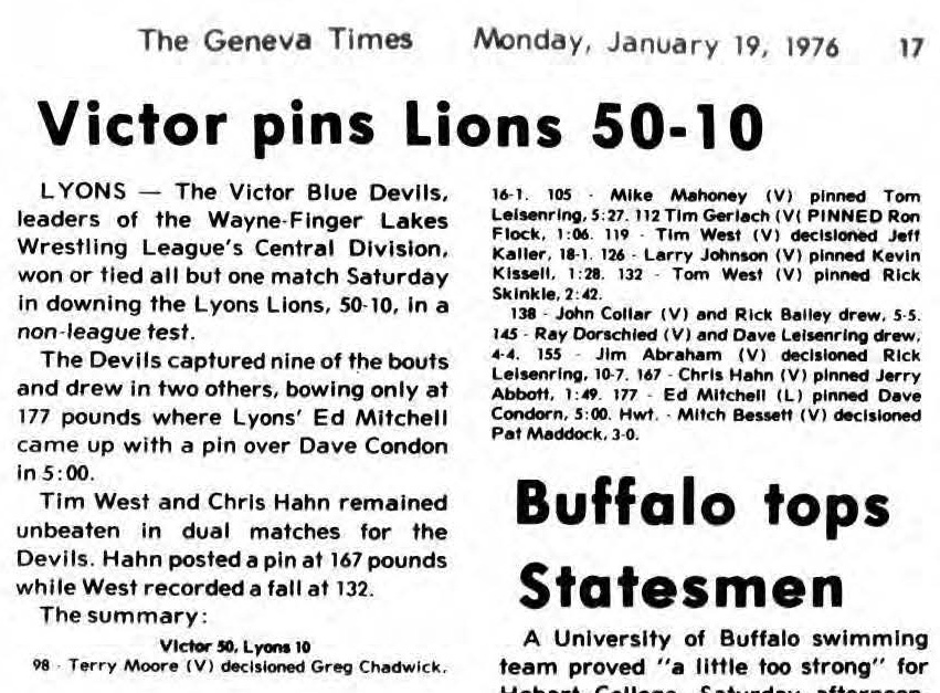 Victor pins Lions 50-10