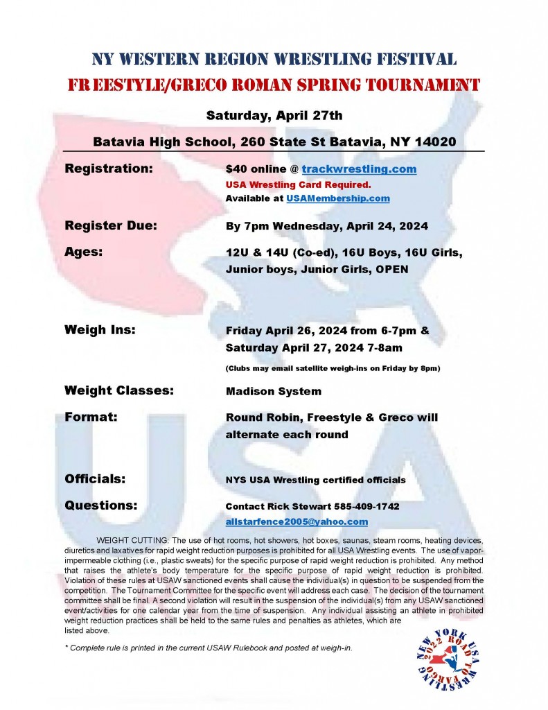 NY Western Region Wrestling Festival Freestyle/Greco-Roman Spring Tournament