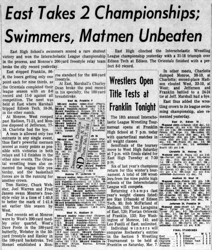 East Takes 2 Championships; Swimmers, Matmen Unbeaten