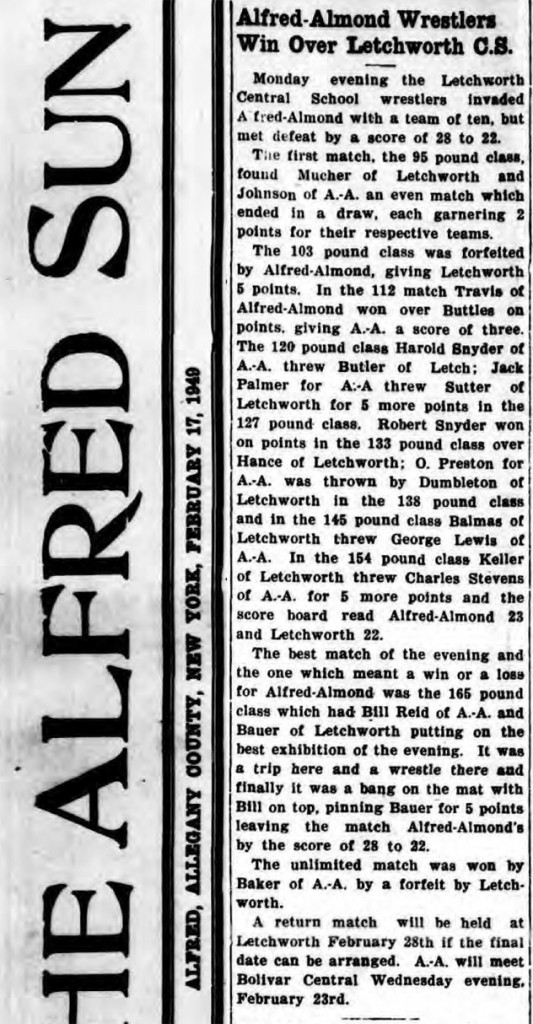Alfred-Almond Wrestlers Win Over Letchworth
