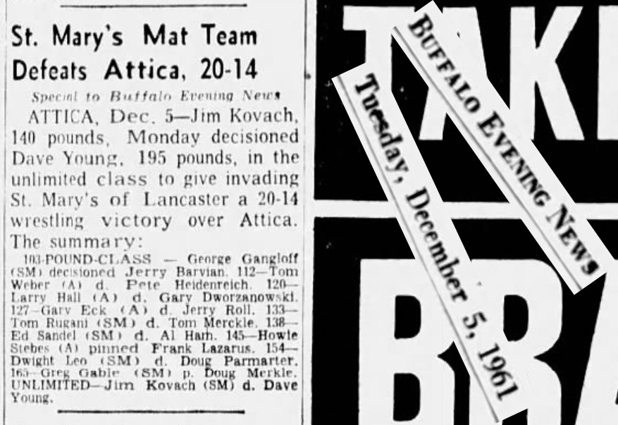 St. Mary's Mat Team Defeats Attica, 20-14
