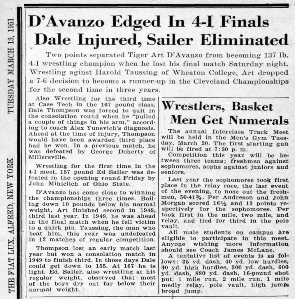 Alfred's D'Avanzo Edged In 4-I Finals