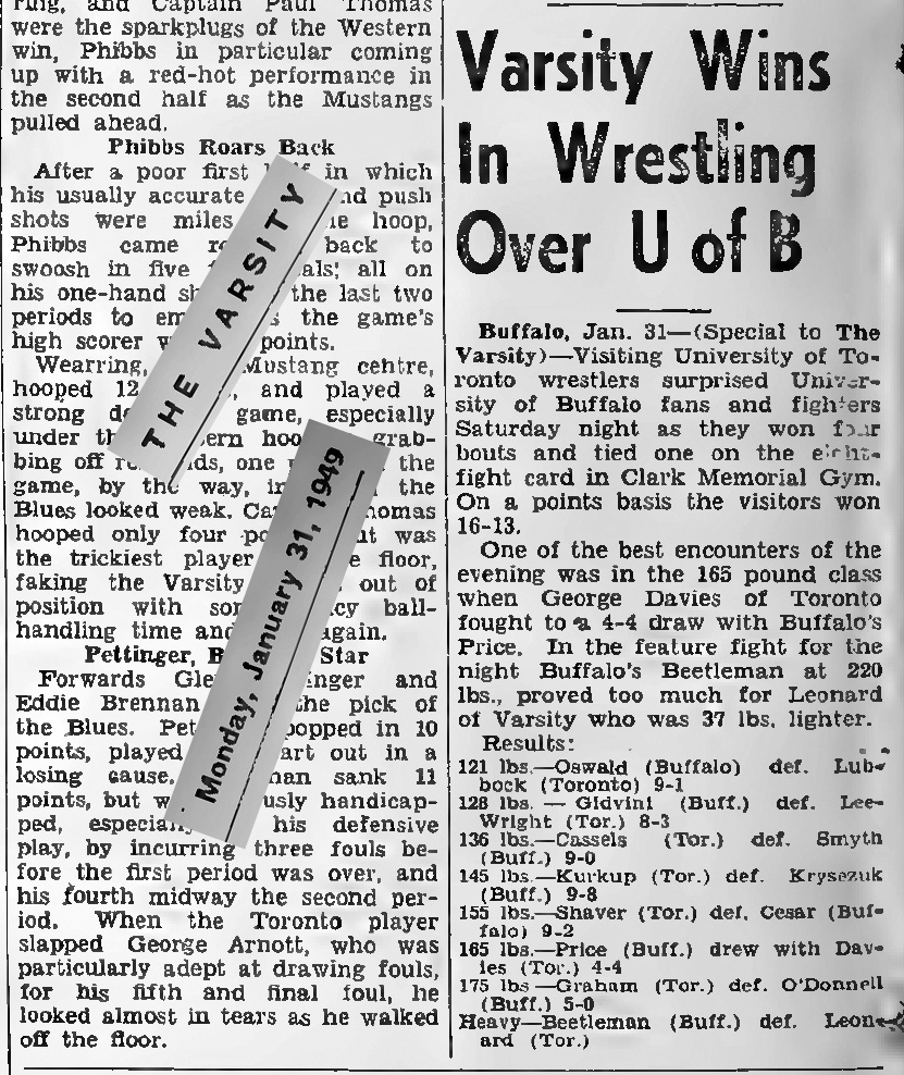 Toronto Varsity Wins In Wrestling Over Buffalo