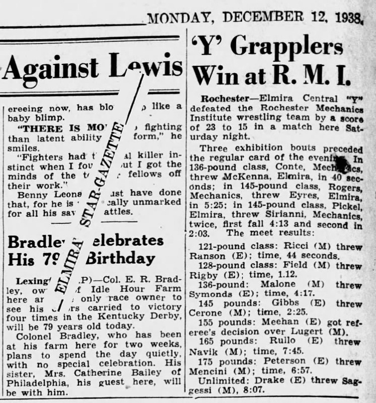 Elmira YMCA Grapplers Win at Rochester Mechanics Institute